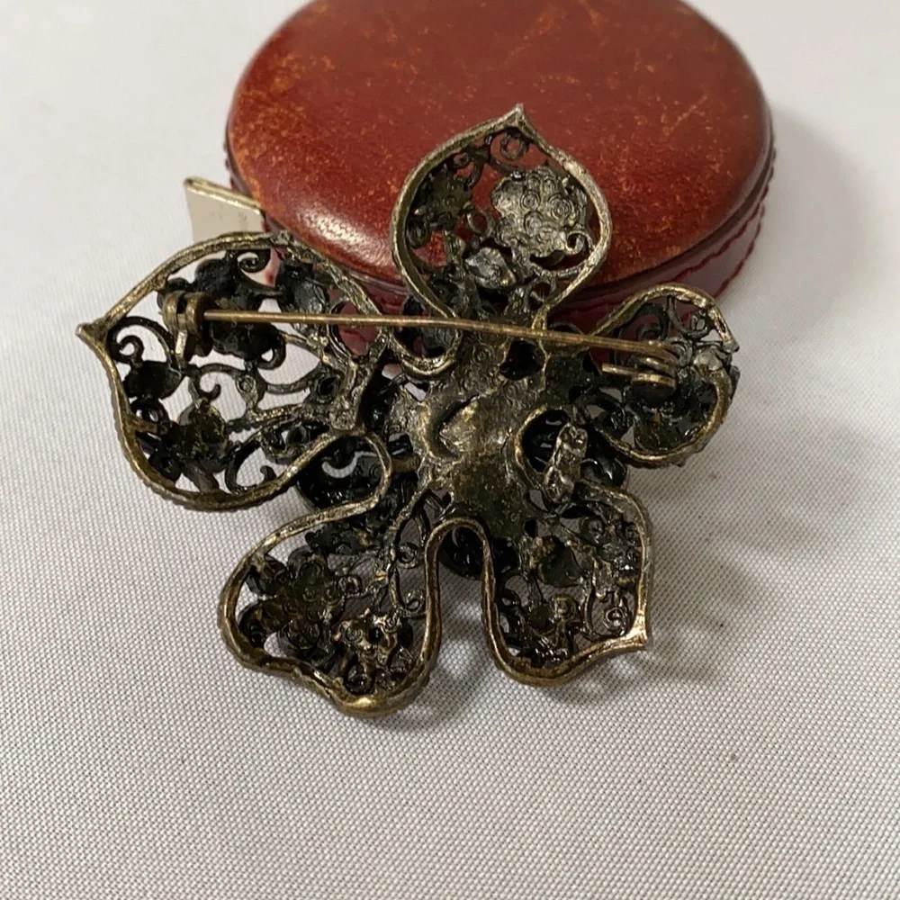 Vintage pink rhinestone Orchid pin brooch